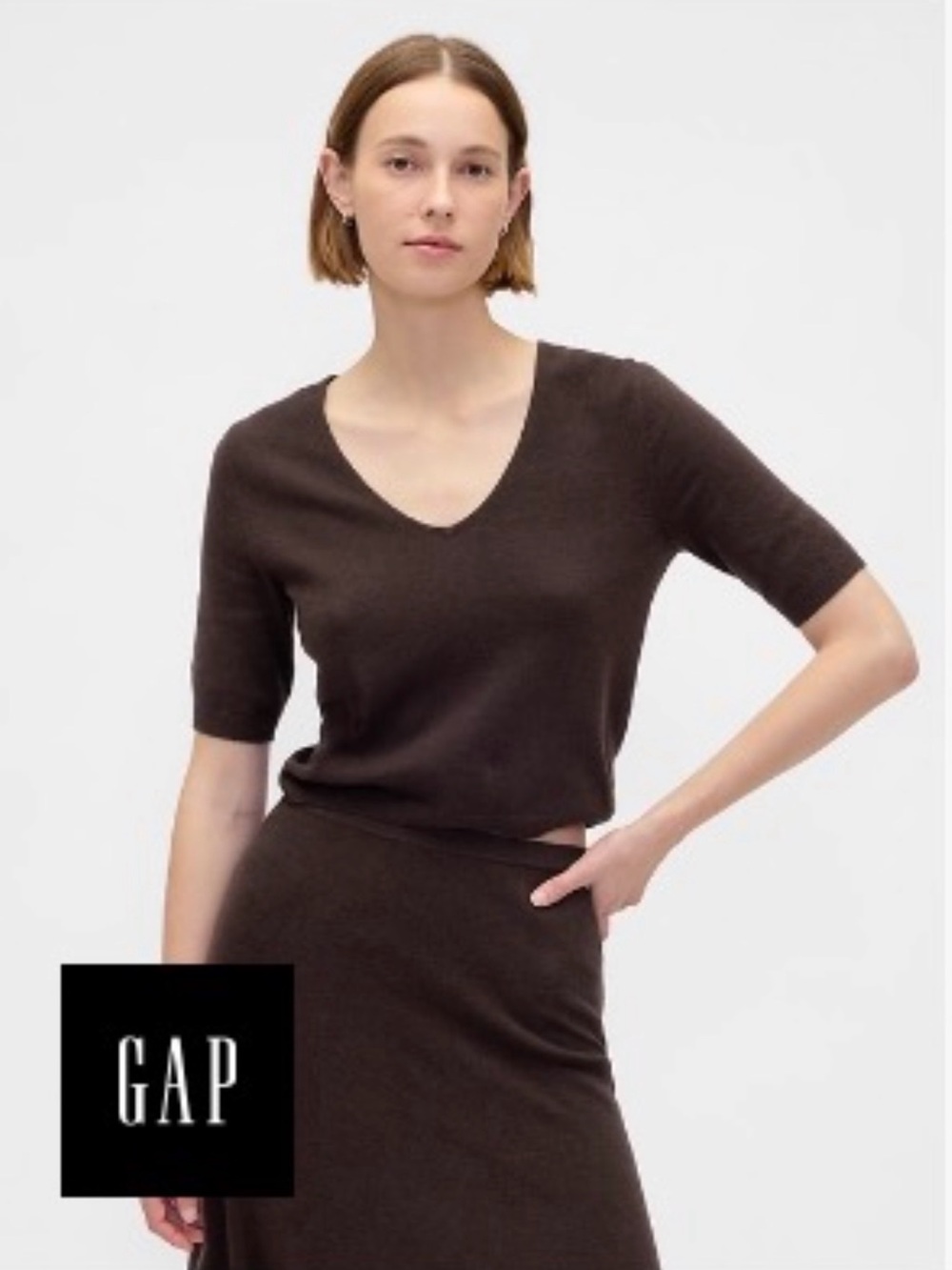 GAP CashSoft Terra Brown V-Neck Elbow Sleeve Sweater